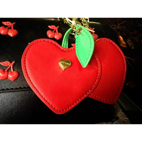 Betsey Johnson Cherry Crossbody Bag Black Red Heart Charm NWT - Picture 8 of 9